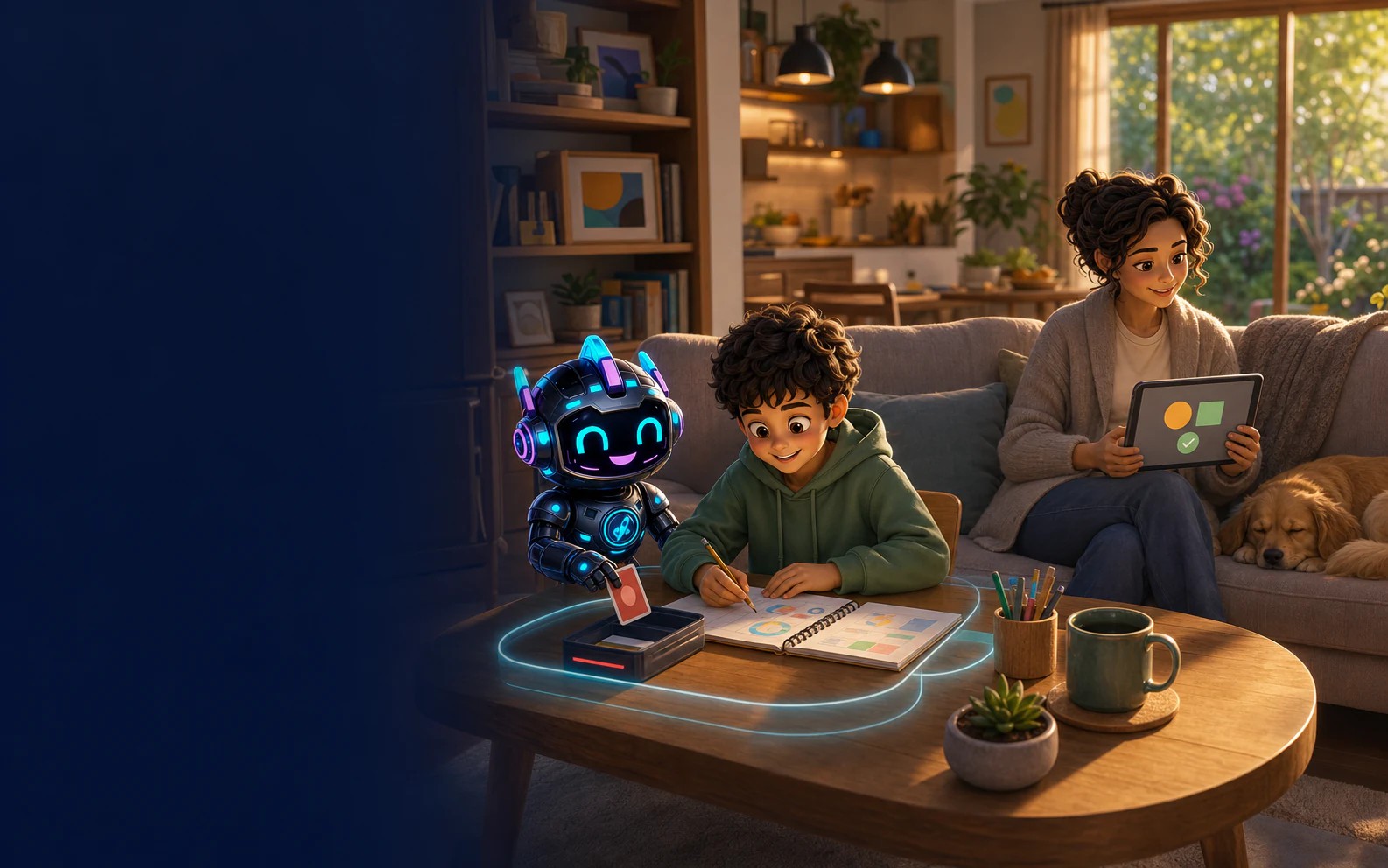 A parent reviewing a safety signal while Riley supports learning in the family living room