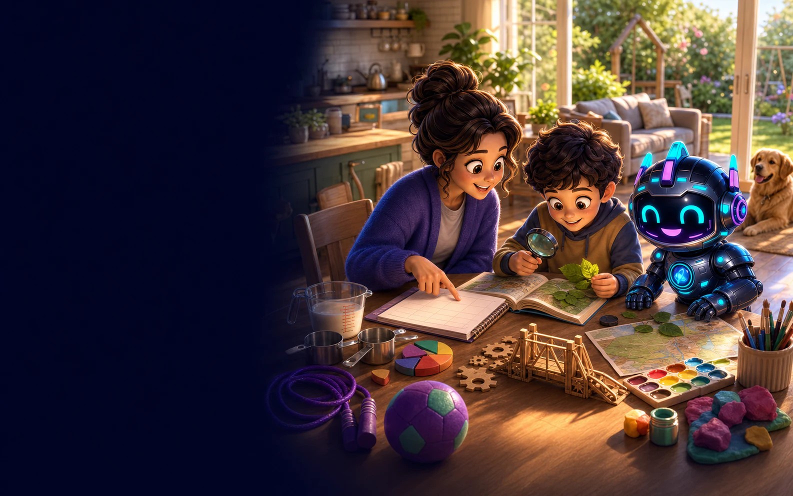 A home educator, learner and Riley connecting curriculum to practical household learning