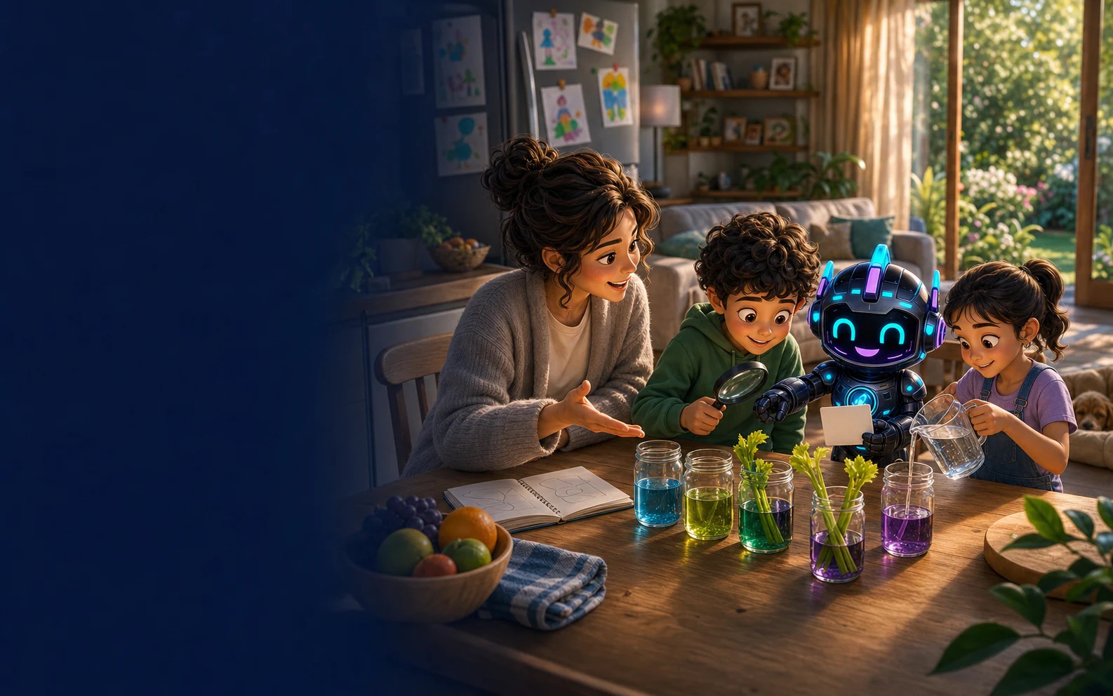 A family investigating a hands-on science question with Riley at home