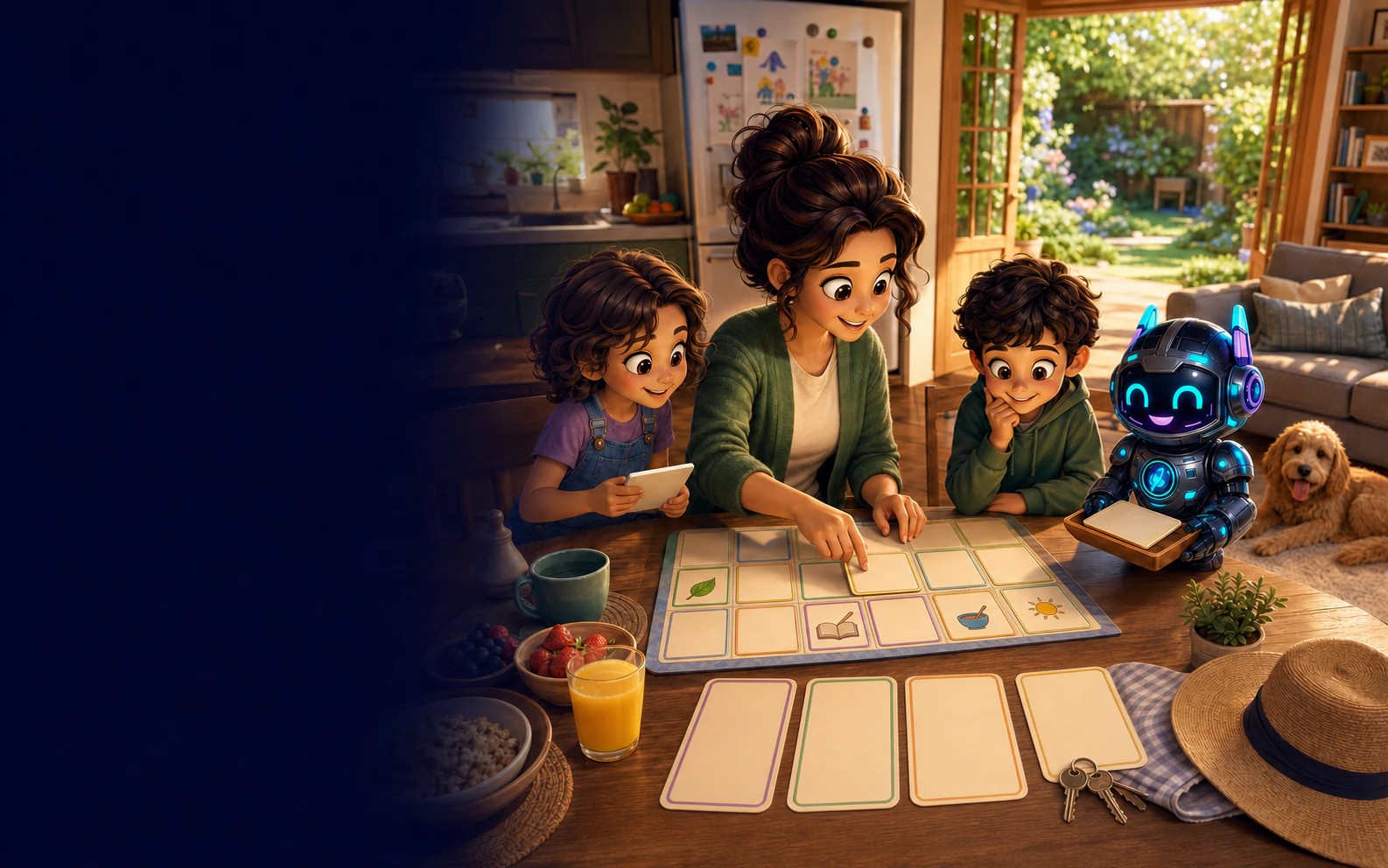 A home educator and two learners shaping a flexible week with Riley at the family table